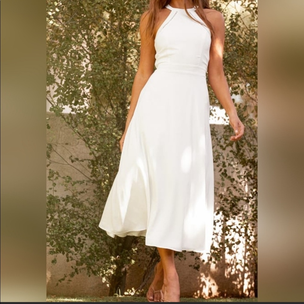 Nwot, Lulu's | Dream White Halter, Tie back Midi Dress